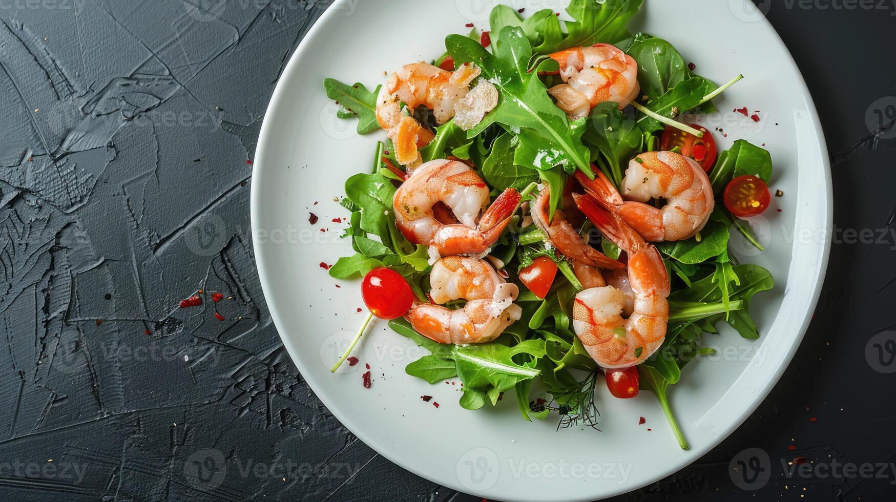 Shrimp salad on black background with copy space. Healthy seafood with prawns on white plate, top view photo