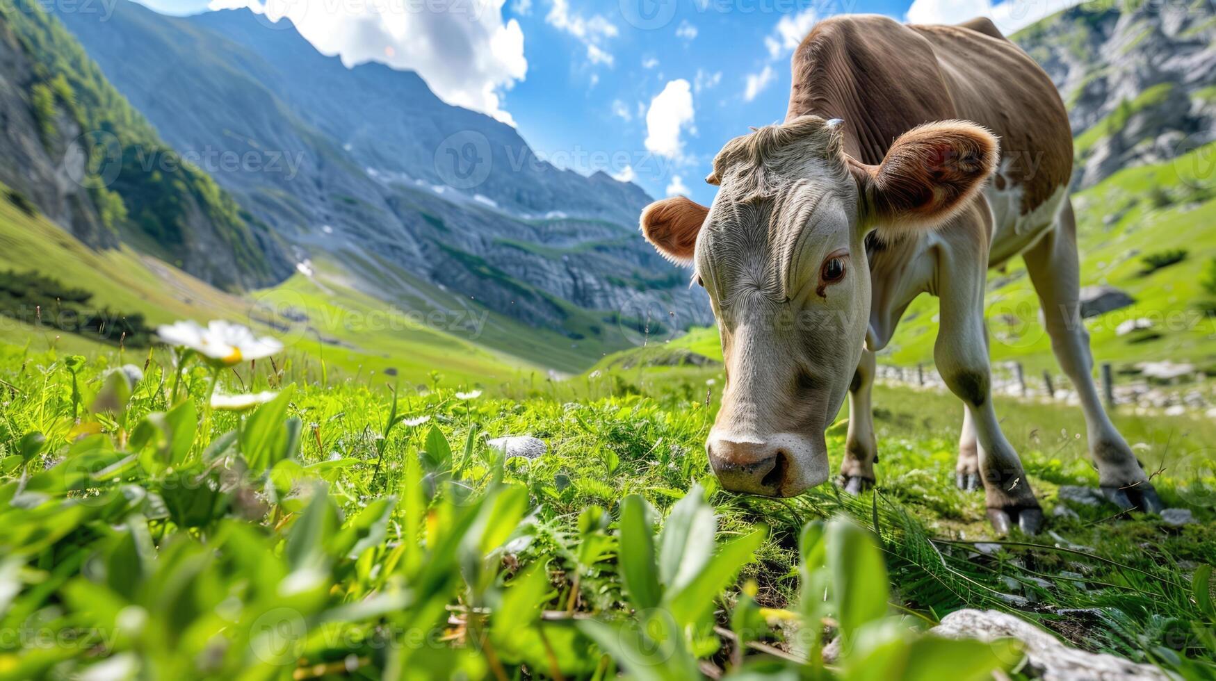 Cow grazing in alpine green field on beautiful summer day. Closeup image of farm animal graze in meadow with beautiful mountain landscape photo