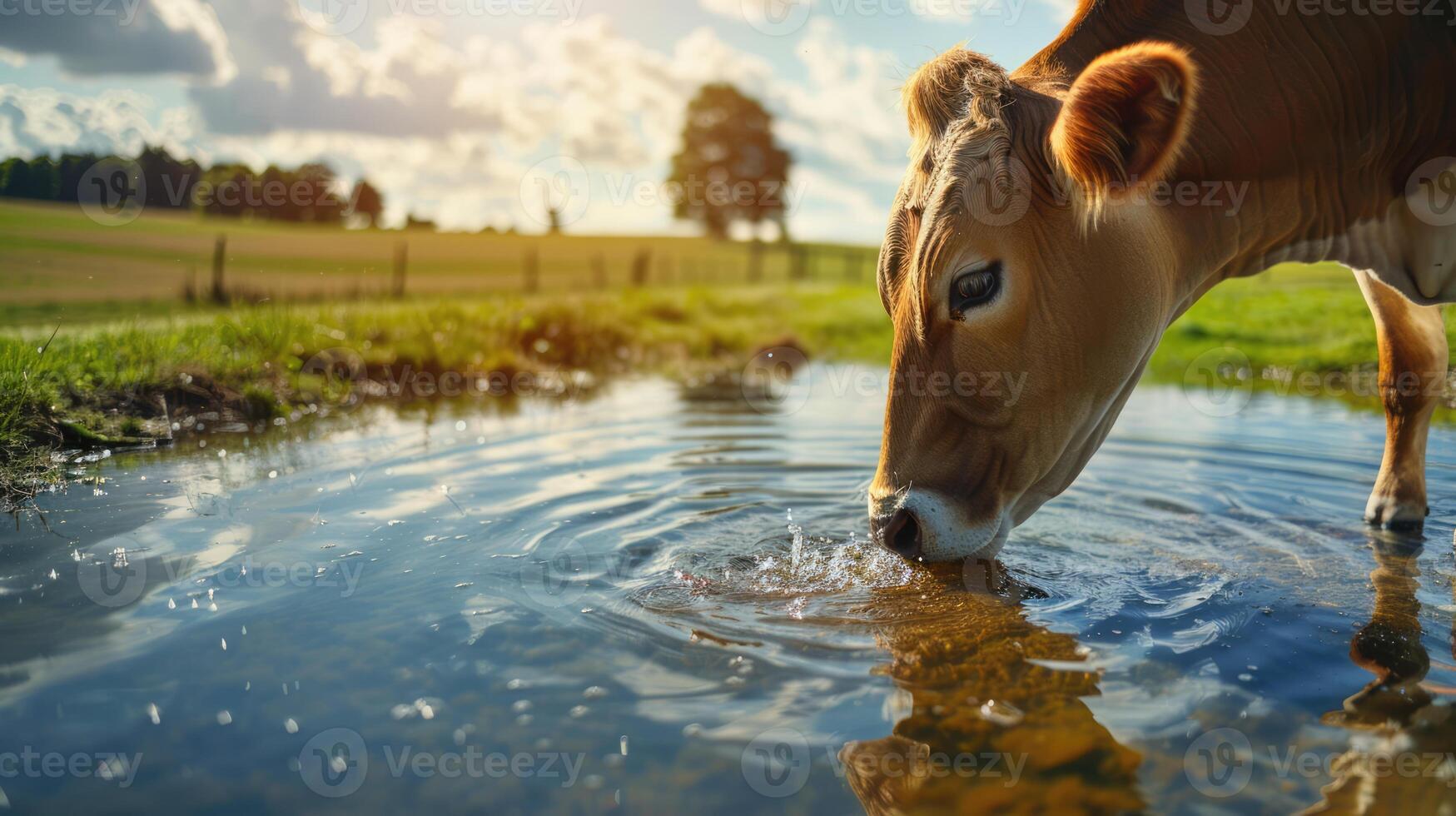 Cow drinking water from the pond on a beautiful summer day close-up image. Farm animals graze on the farmland photo
