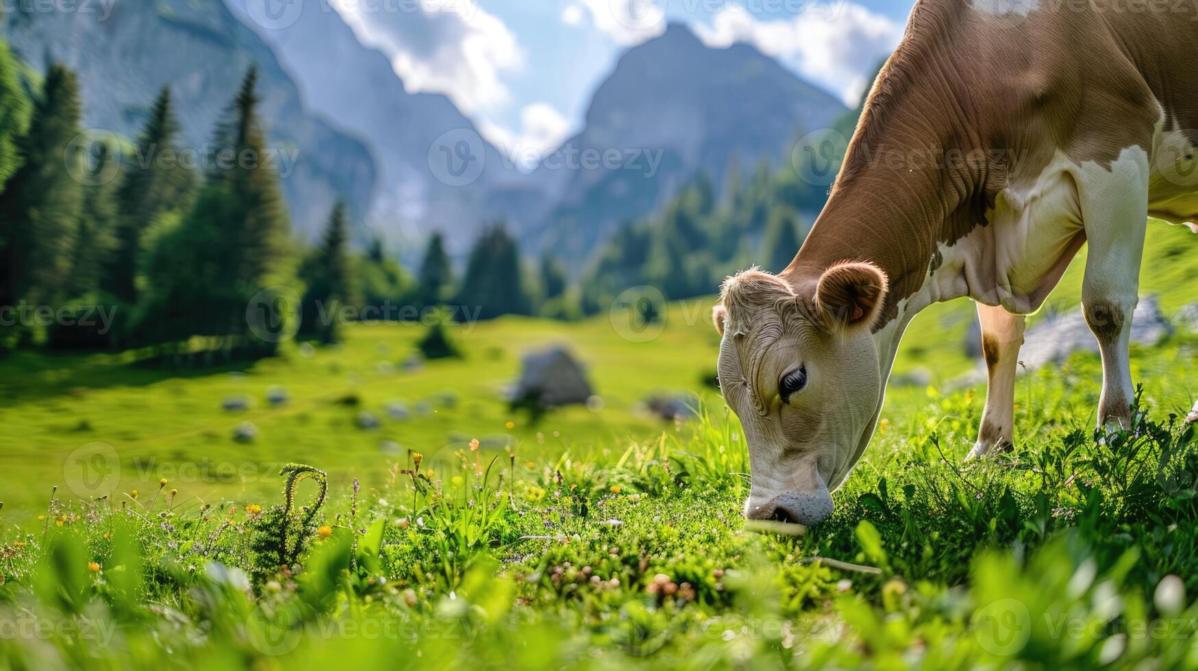 Cow grazing in alpine green field on beautiful summer day. Closeup image of farm animal graze in meadow with beautiful mountain landscape photo