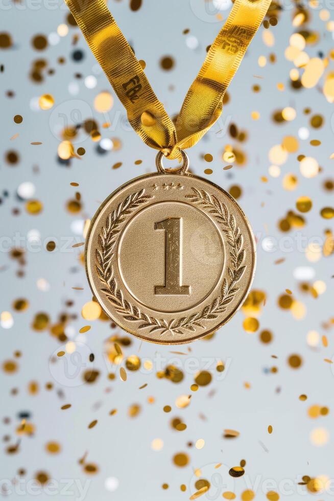 Gold medal, number one laurel wreath and yellow color ribbon on white background with confetti. Champion first place winner athlete. Prize in sport trophy award, copy space photo