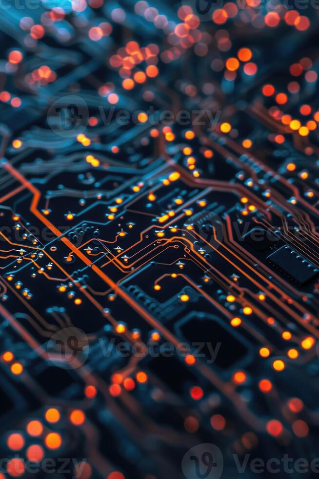 Circuit board and its elements, concept of artificial intelligence, virtual reality, code writing, data programming, technology and innovation photo