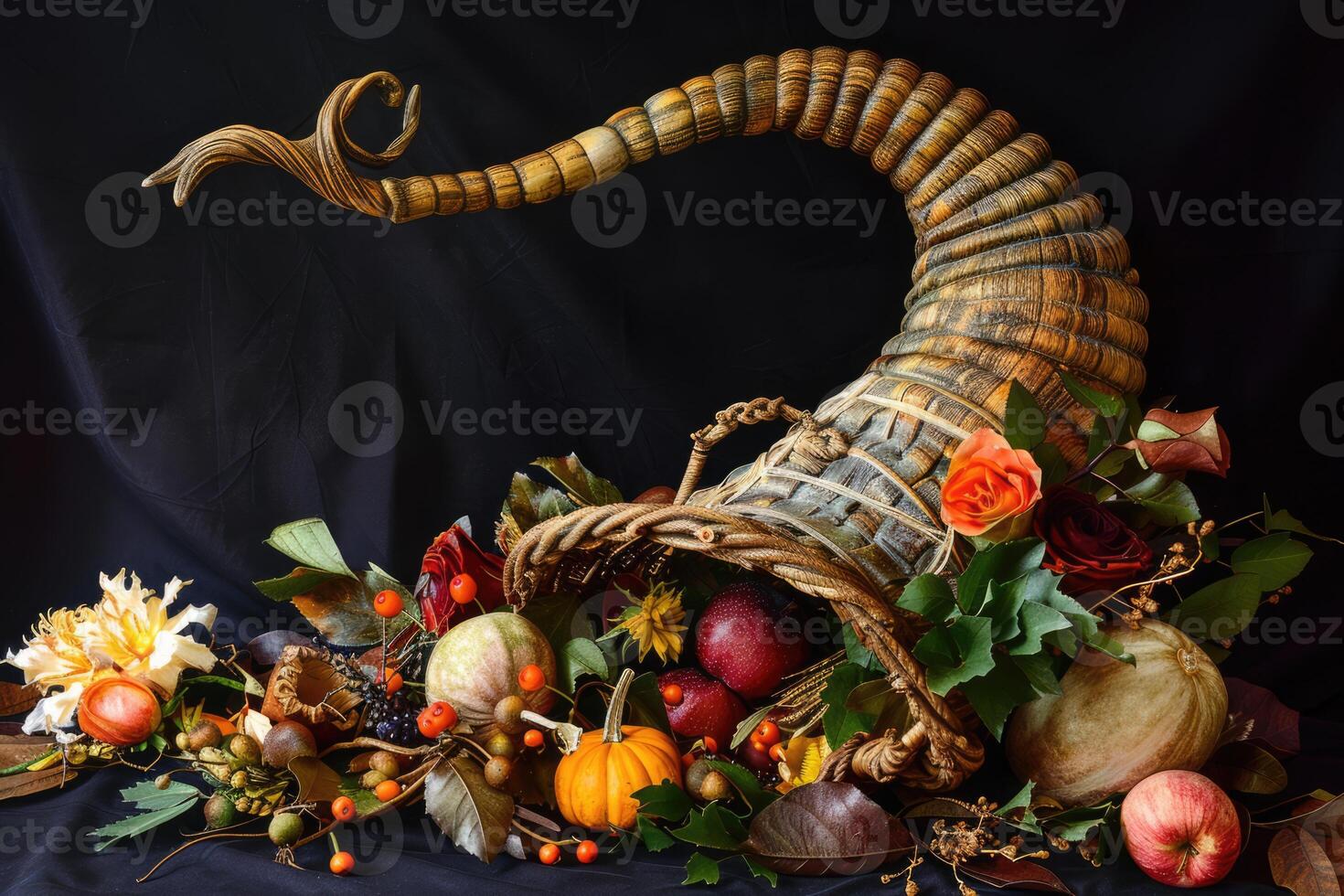 Cornucopia, horn of plenty with fruits, vegetables and flowers on black background. Harvest and abundance concept photo