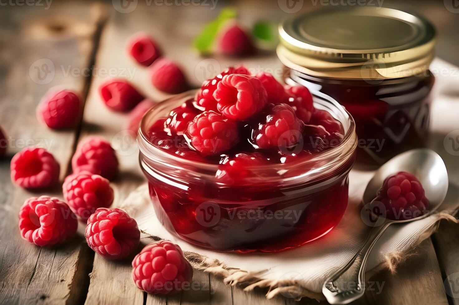 Raspberry jam, marmalade and fresh raspberries on a wooden tableRaspberry jam, marmalade and fresh raspberries on a wooden table photo