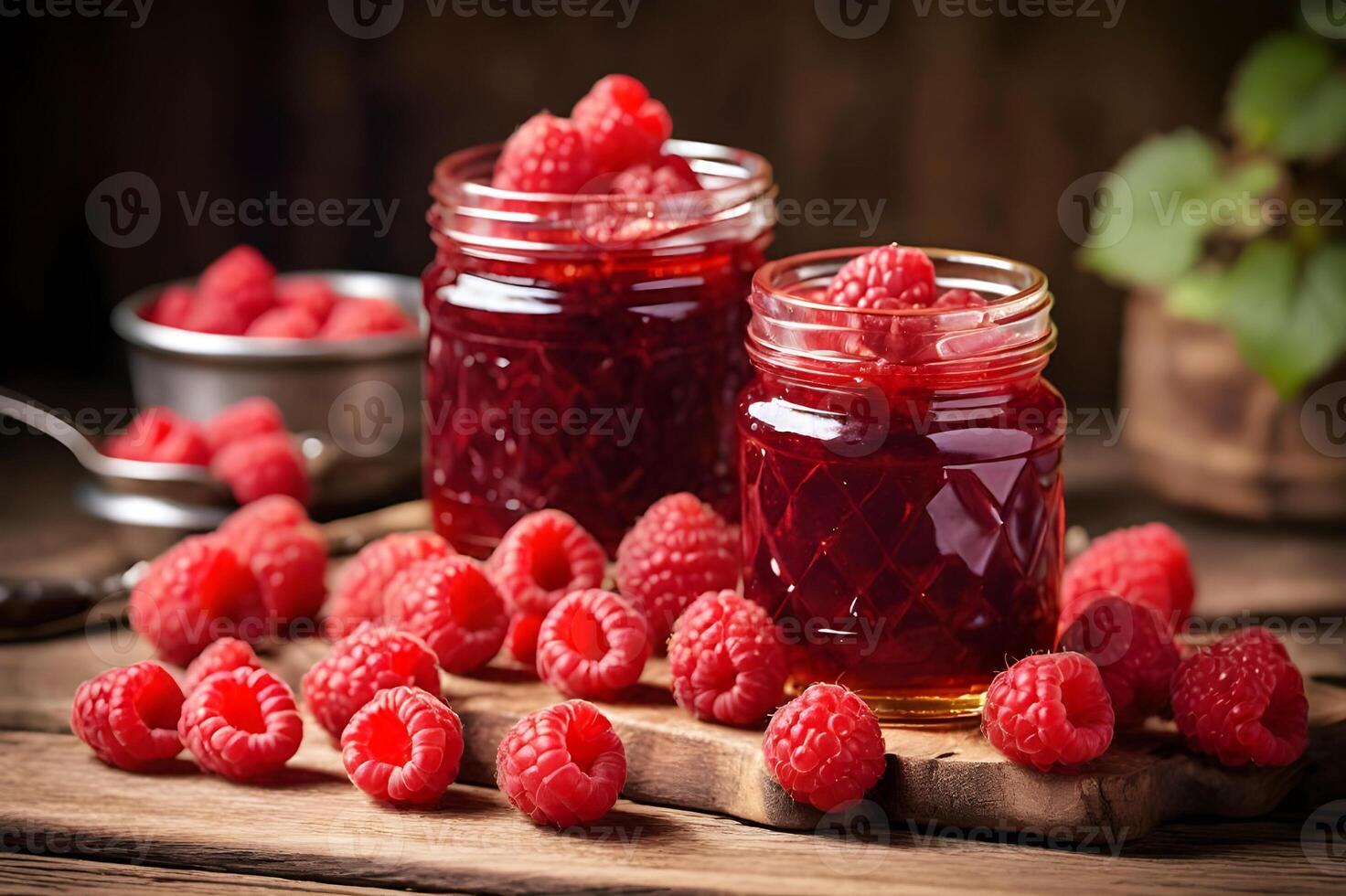 Raspberry jam, marmalade and fresh raspberries on a wooden tableRaspberry jam, marmalade and fresh raspberries on a wooden table photo