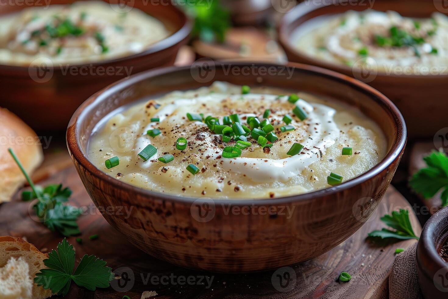 A bowl of creamy leek and potato soup, garnished with chives and a swirl of cream, served with a crusty bread roll. photo