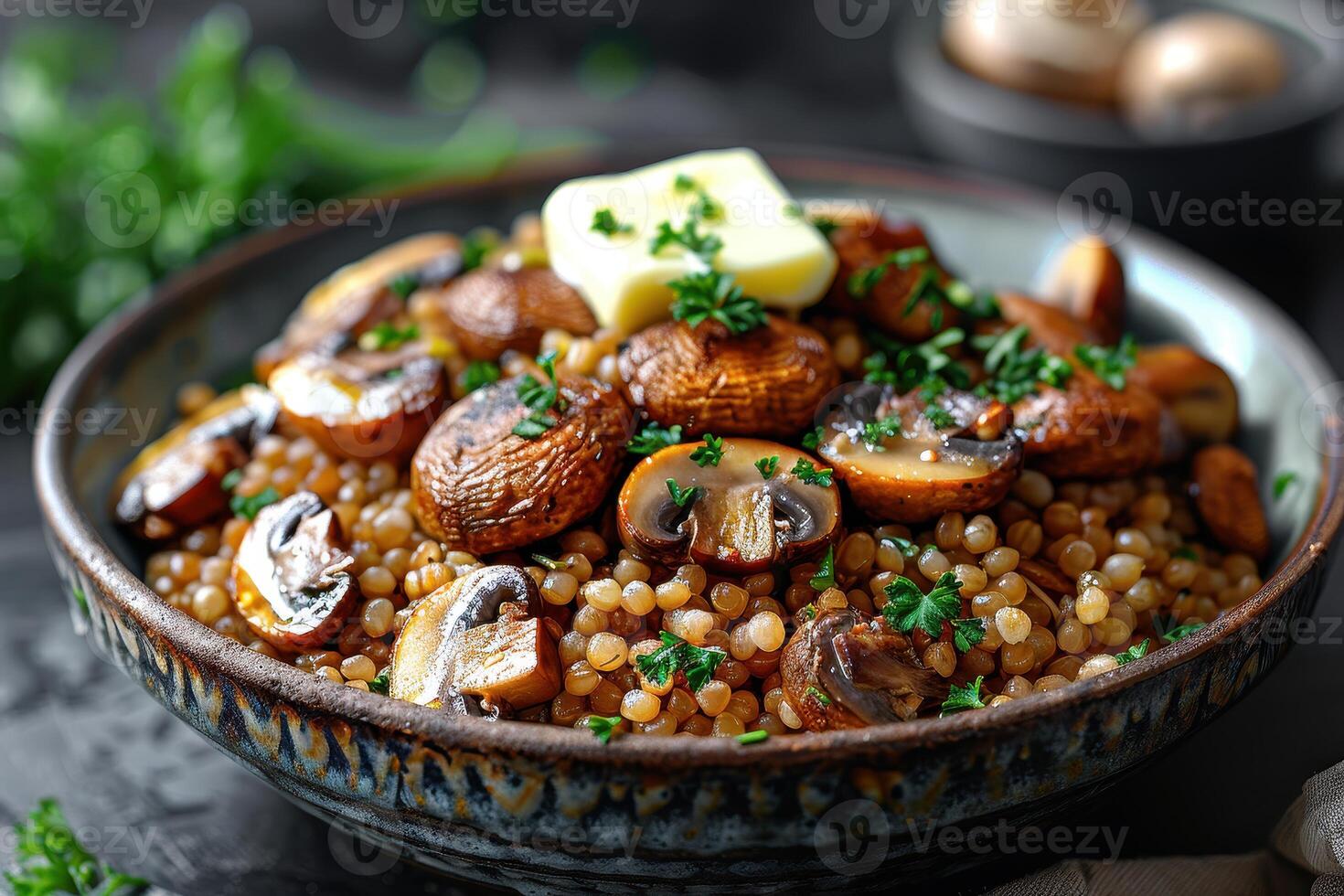 A bowl of buckwheat kasha with roasted mushrooms, garnished with fresh parsley and a pat of butter. photo