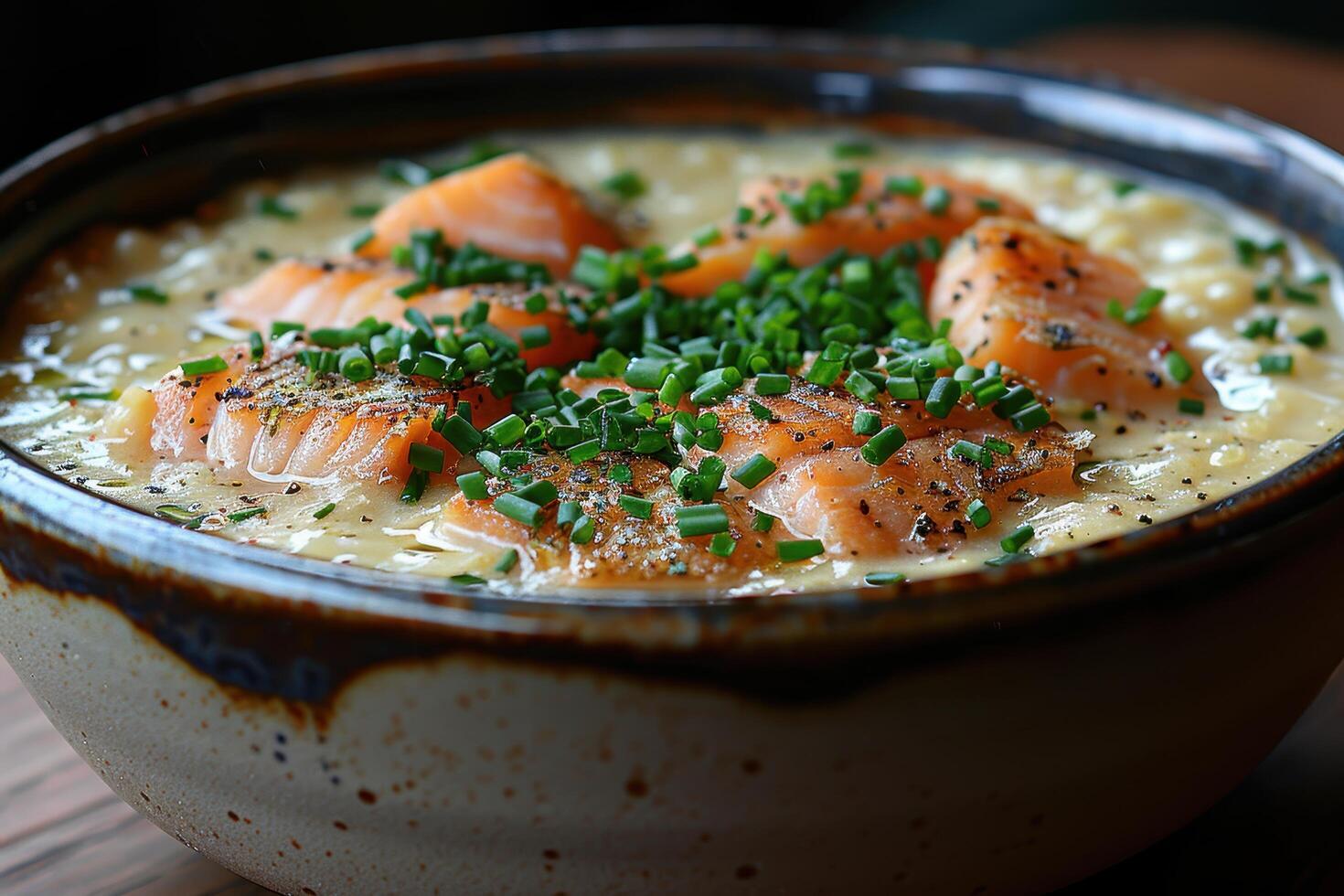 A bowl of Cullen skink, a Scottish smoked haddock soup, garnished with chopped chives. photo