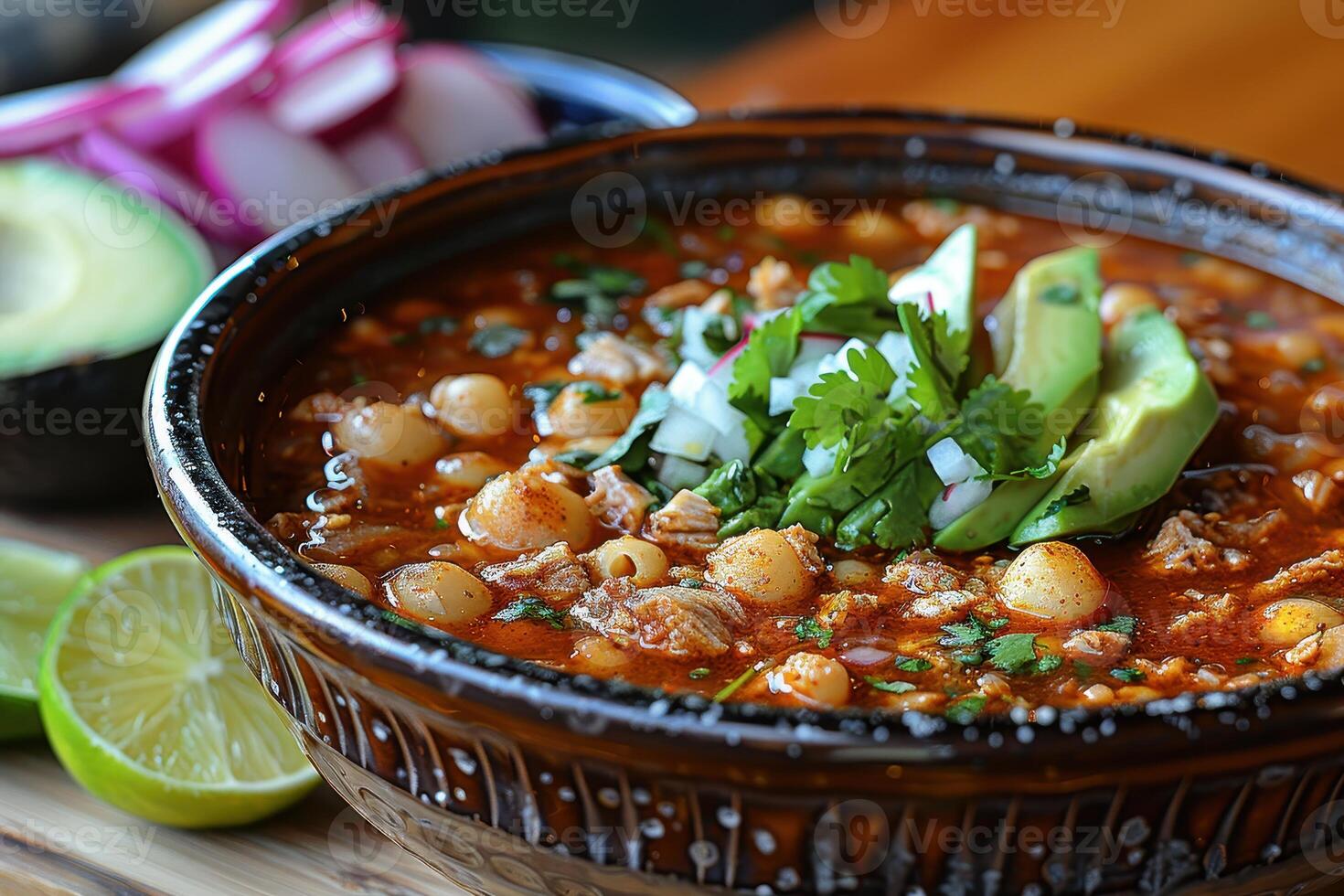 A bowl of pozole rojo, with tender pork, hominy, and a rich red chili broth, garnished with shredded cabbage, radishes, avocado slices, and lime wedges. photo