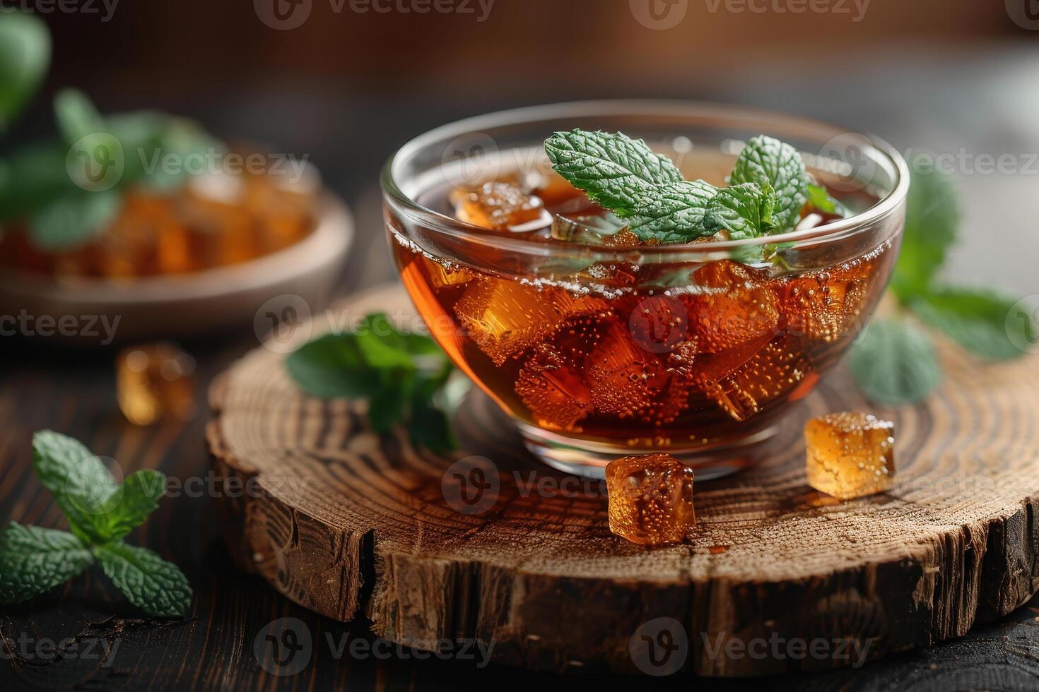 A bowl of kvass, a traditional Russian fermented beverage, served in a glass with a sprig of mint. photo