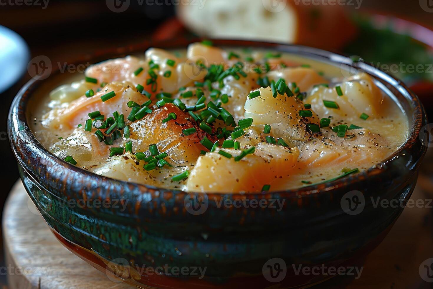 A bowl of Cullen skink, a Scottish smoked haddock soup, garnished with chopped chives. photo
