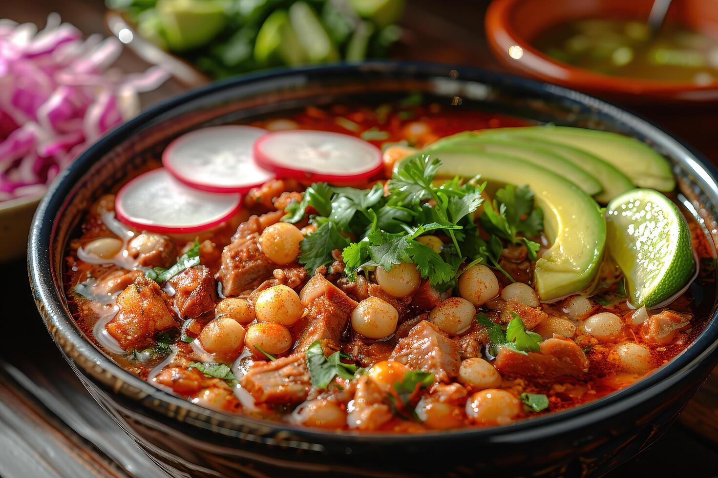 A bowl of pozole rojo, with tender pork, hominy, and a rich red chili broth, garnished with shredded cabbage, radishes, avocado slices, and lime wedges. photo