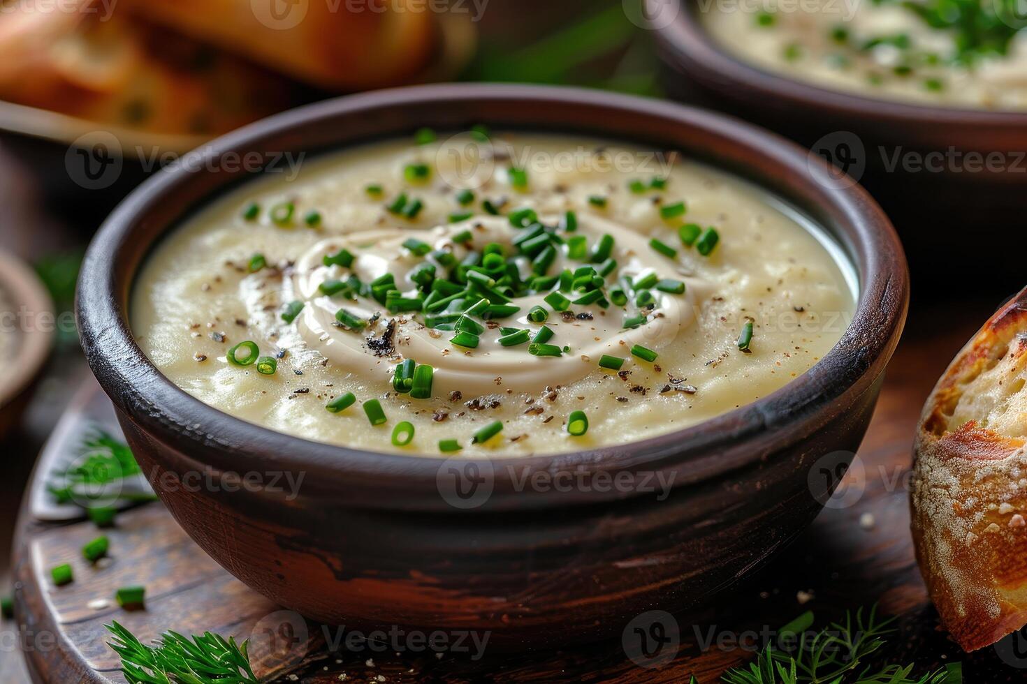 A bowl of creamy leek and potato soup, garnished with chives and a swirl of cream, served with a crusty bread roll. photo