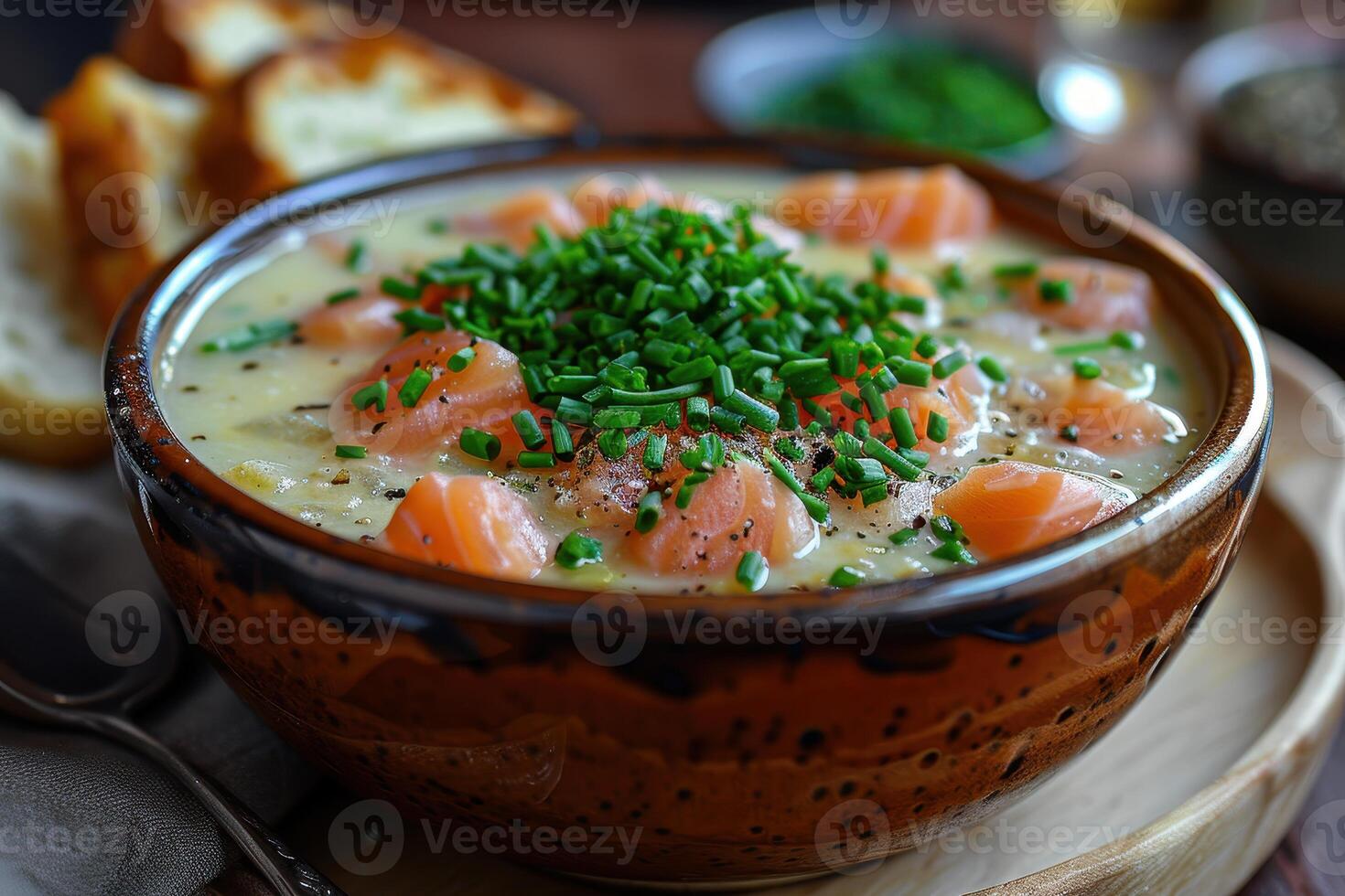 A bowl of Cullen skink, a Scottish smoked haddock soup, garnished with chopped chives. photo