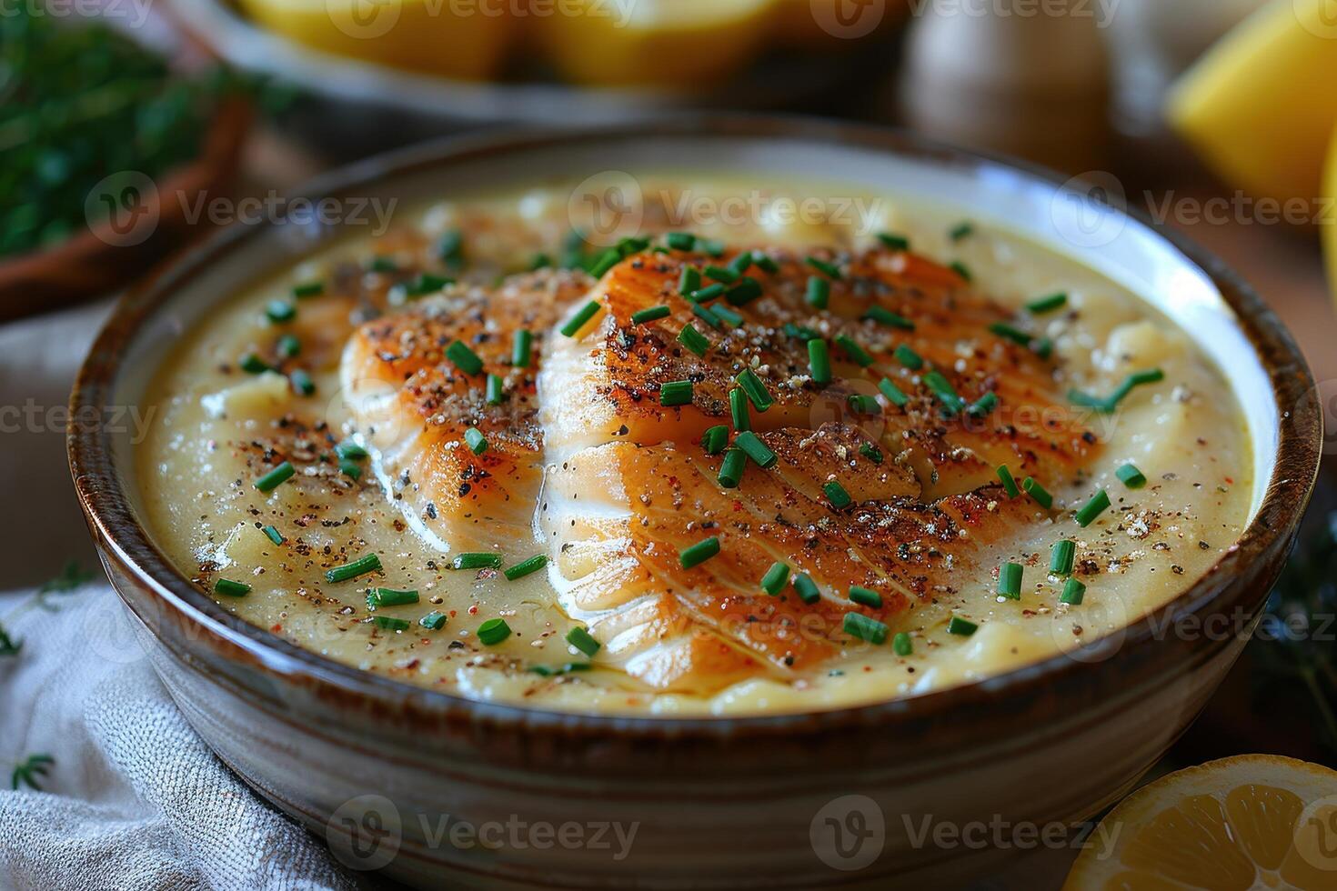 A bowl of Cullen skink, a Scottish smoked haddock soup, garnished with chopped chives. photo