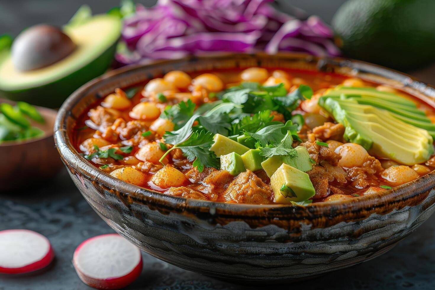 A bowl of pozole rojo, with tender pork, hominy, and a rich red chili broth, garnished with shredded cabbage, radishes, avocado slices, and lime wedges. photo