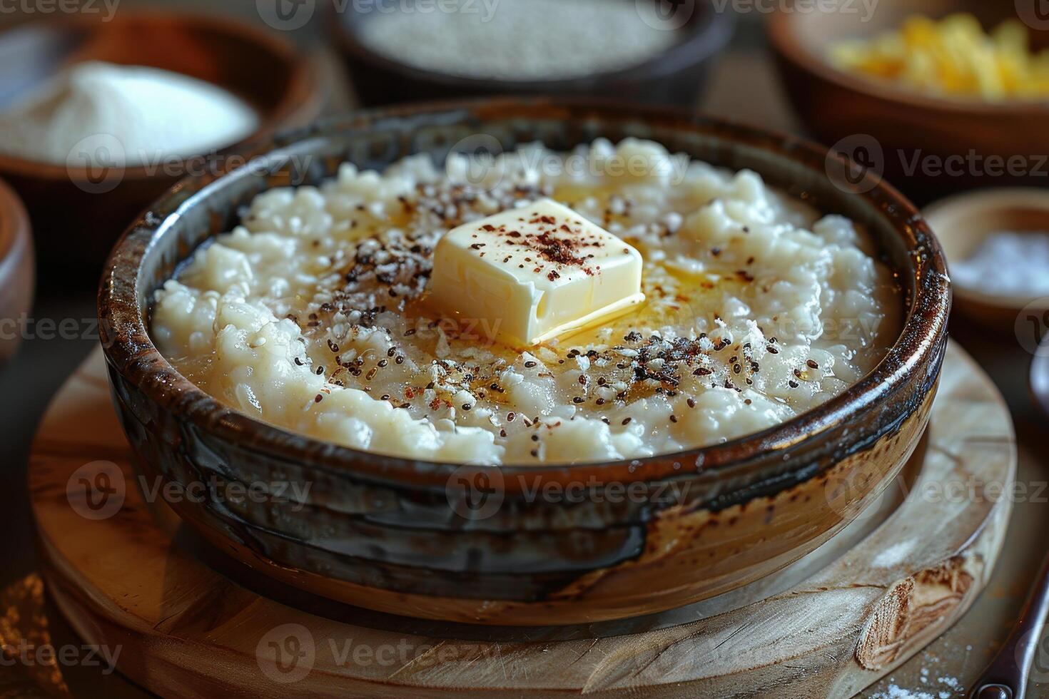 A bowl of kasha, a traditional buckwheat porridge, garnished with a pat of butter and a sprinkle of salt. photo