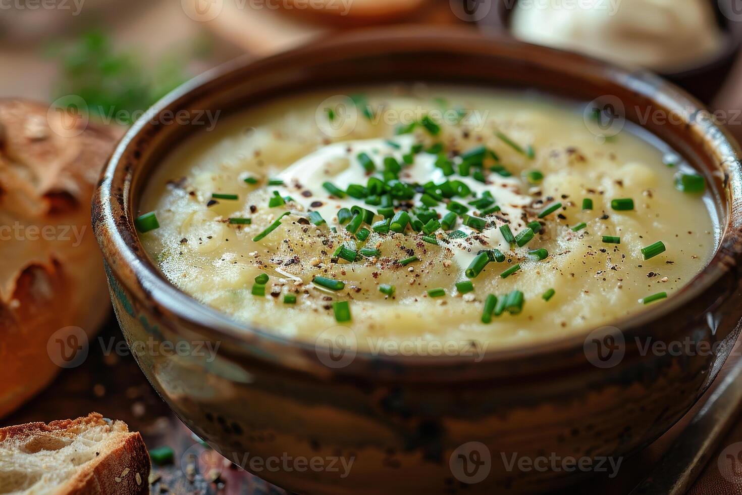 A bowl of creamy leek and potato soup, garnished with chives and a swirl of cream, served with a crusty bread roll. photo
