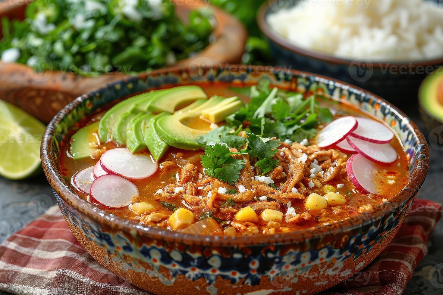 A bowl of pozole rojo, with tender pork, hominy, and a rich red chili broth, garnished with shredded cabbage, radishes, avocado slices, and lime wedges. photo