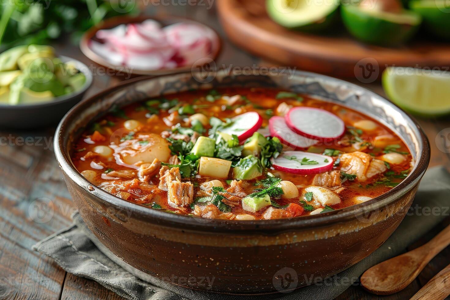 A bowl of pozole rojo, with tender pork, hominy, and a rich red chili broth, garnished with shredded cabbage, radishes, avocado slices, and lime wedges. photo