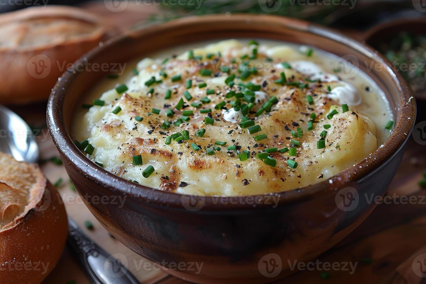 A bowl of creamy leek and potato soup, garnished with chives and a swirl of cream, served with a crusty bread roll. photo