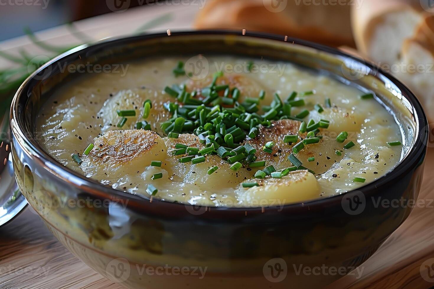 A bowl of Cullen skink, a Scottish smoked haddock soup, garnished with chopped chives. photo