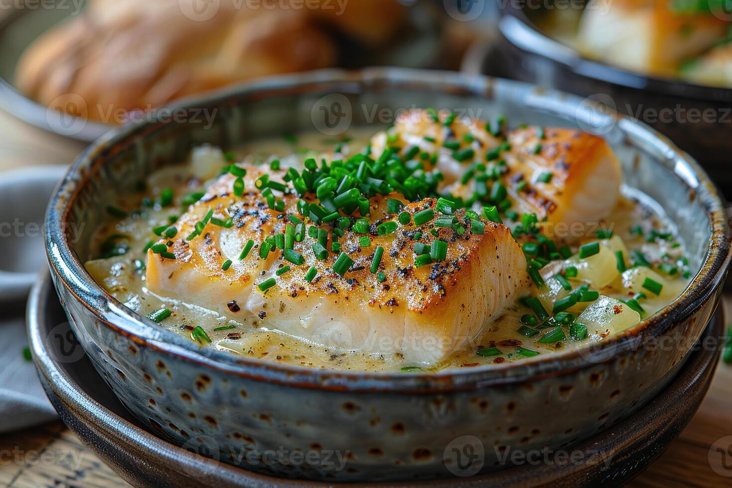 A bowl of Cullen skink, a Scottish smoked haddock soup, garnished with chopped chives. photo