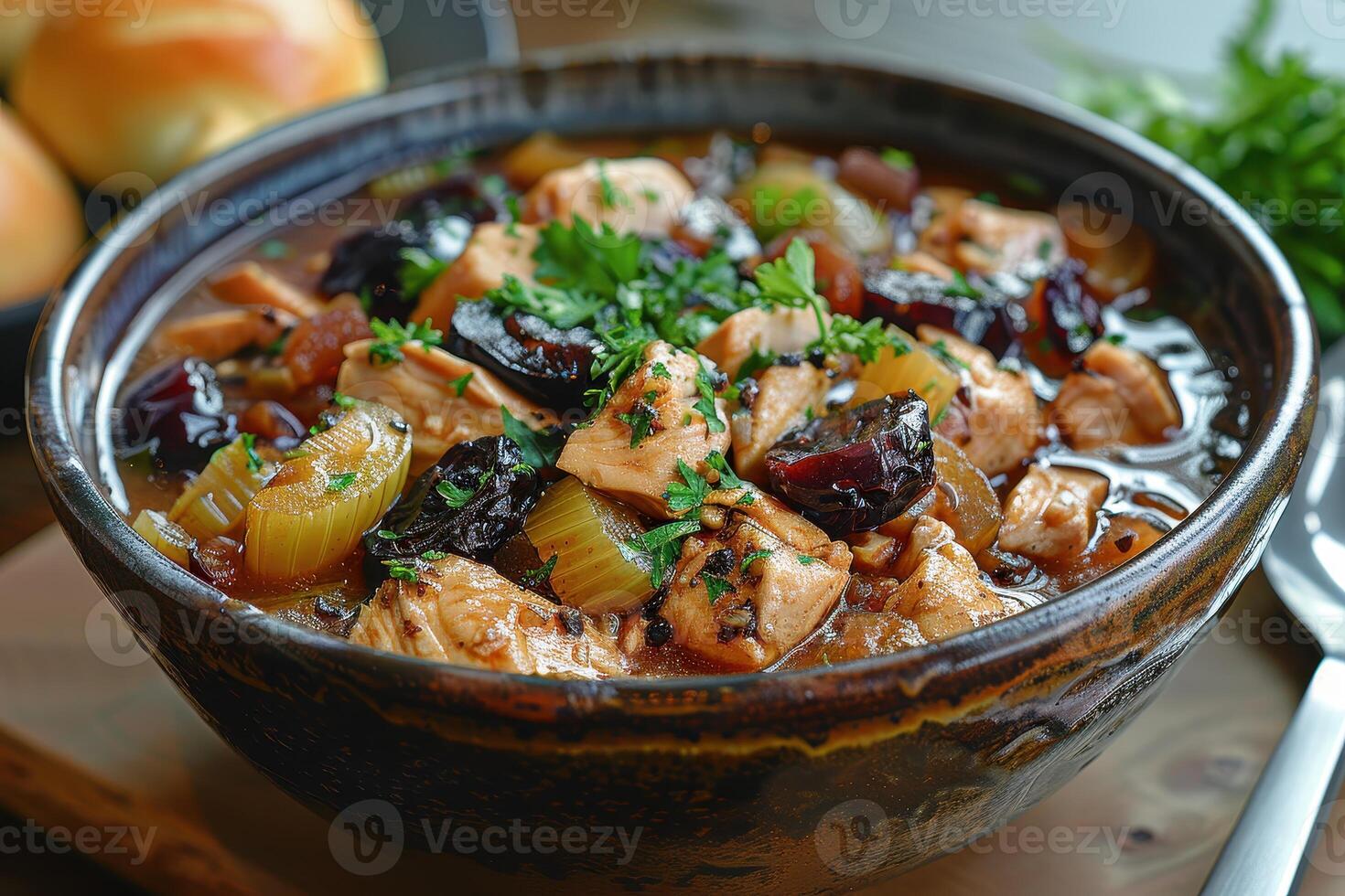 A bowl of cock-a-leekie soup, featuring chicken, leeks, and prunes, garnished with parsley. photo