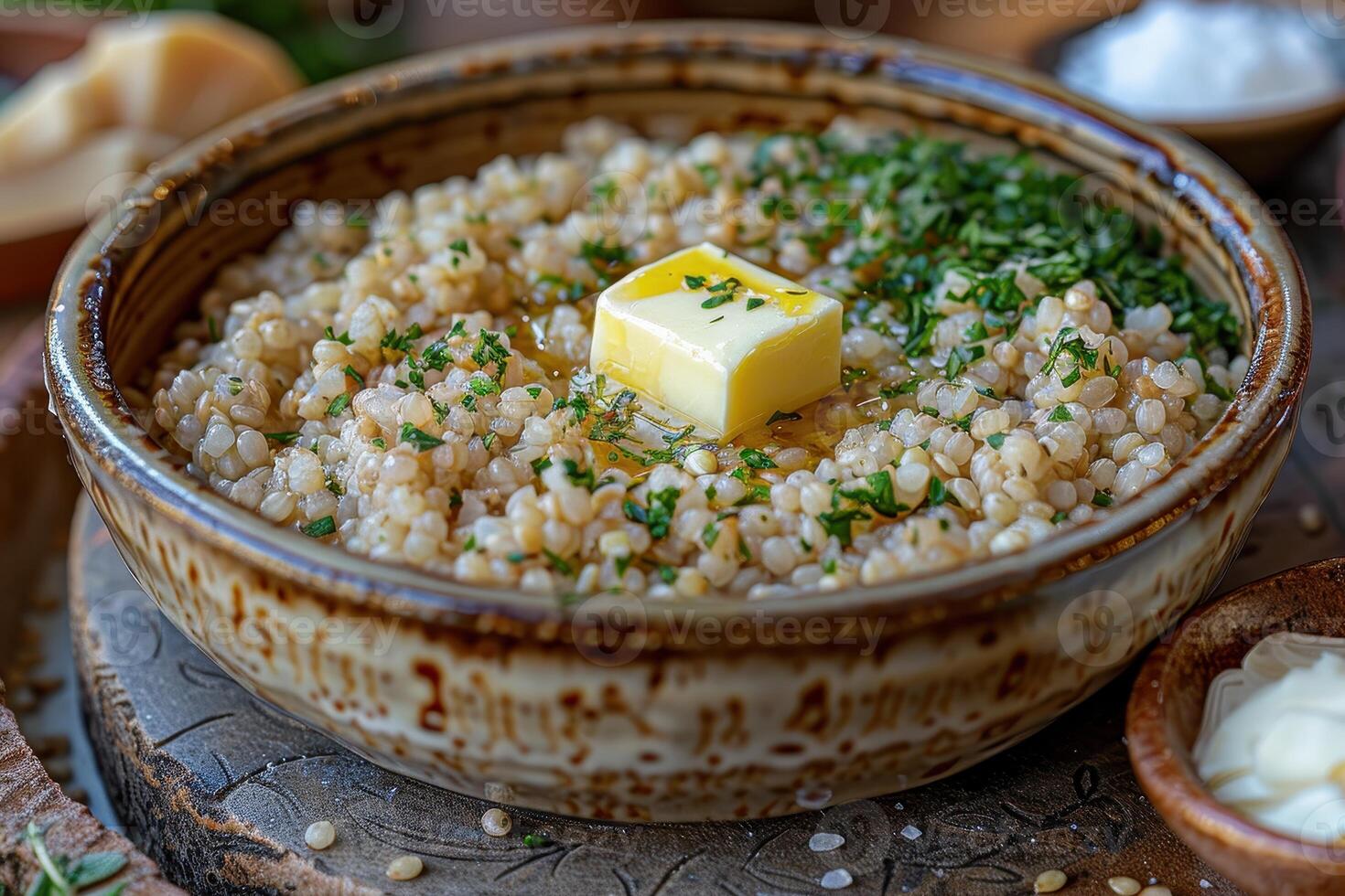 A bowl of kasha, a traditional buckwheat porridge, garnished with a pat of butter and a sprinkle of salt. photo