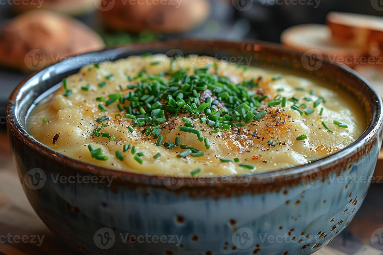 A bowl of Cullen skink, a Scottish smoked haddock soup, garnished with chopped chives. photo