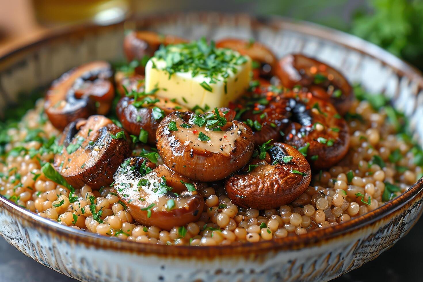 A bowl of buckwheat kasha with roasted mushrooms, garnished with fresh parsley and a pat of butter. photo