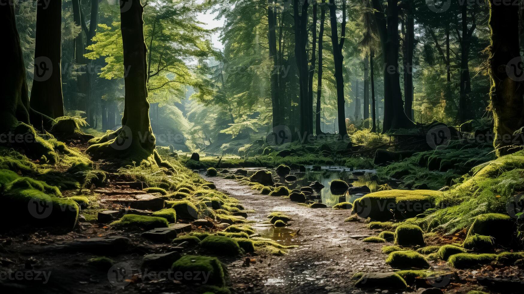 Sunlit Green Forest with Lush Foliage photo
