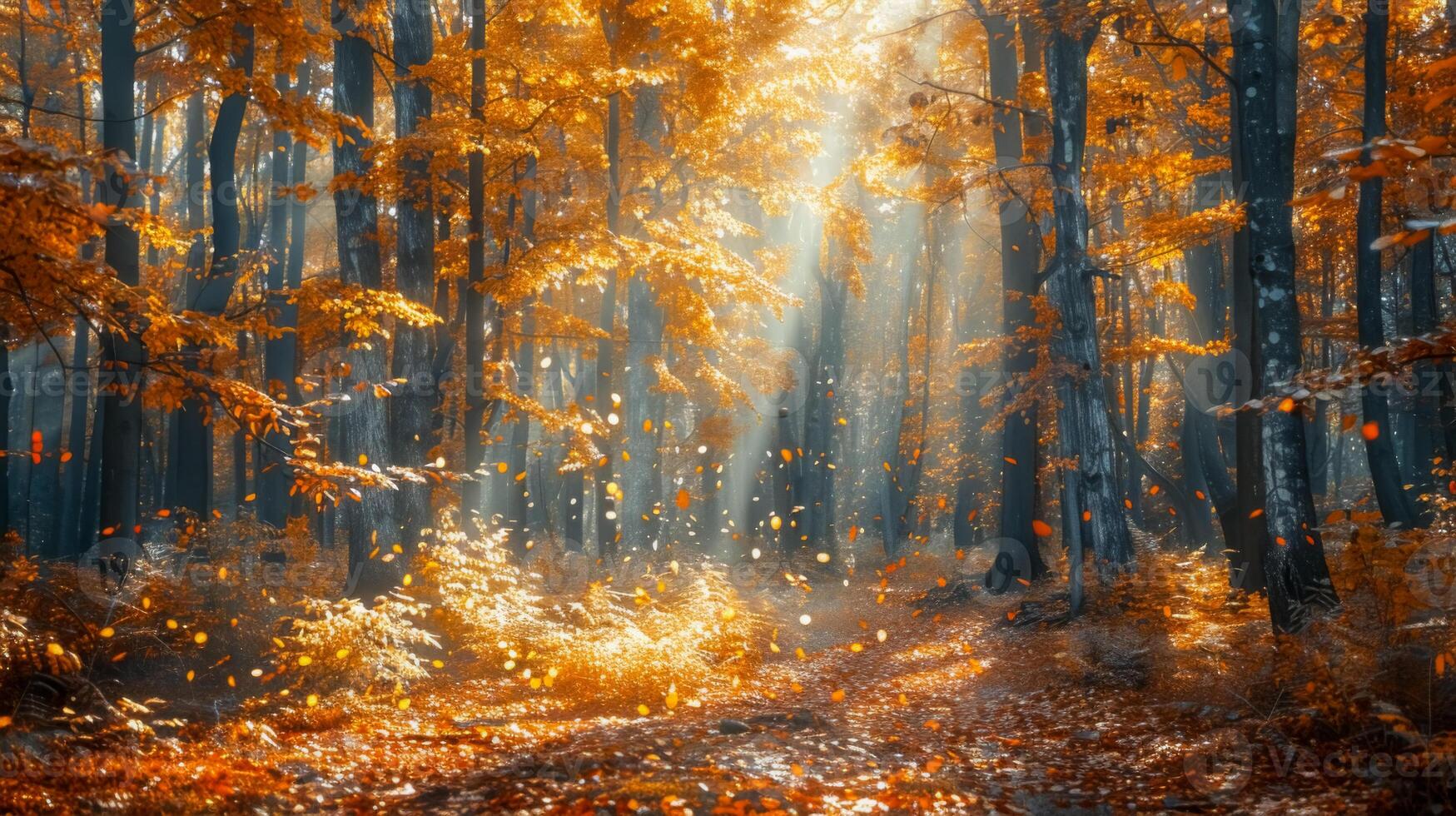 Golden Autumn Forest with Falling Leaves photo