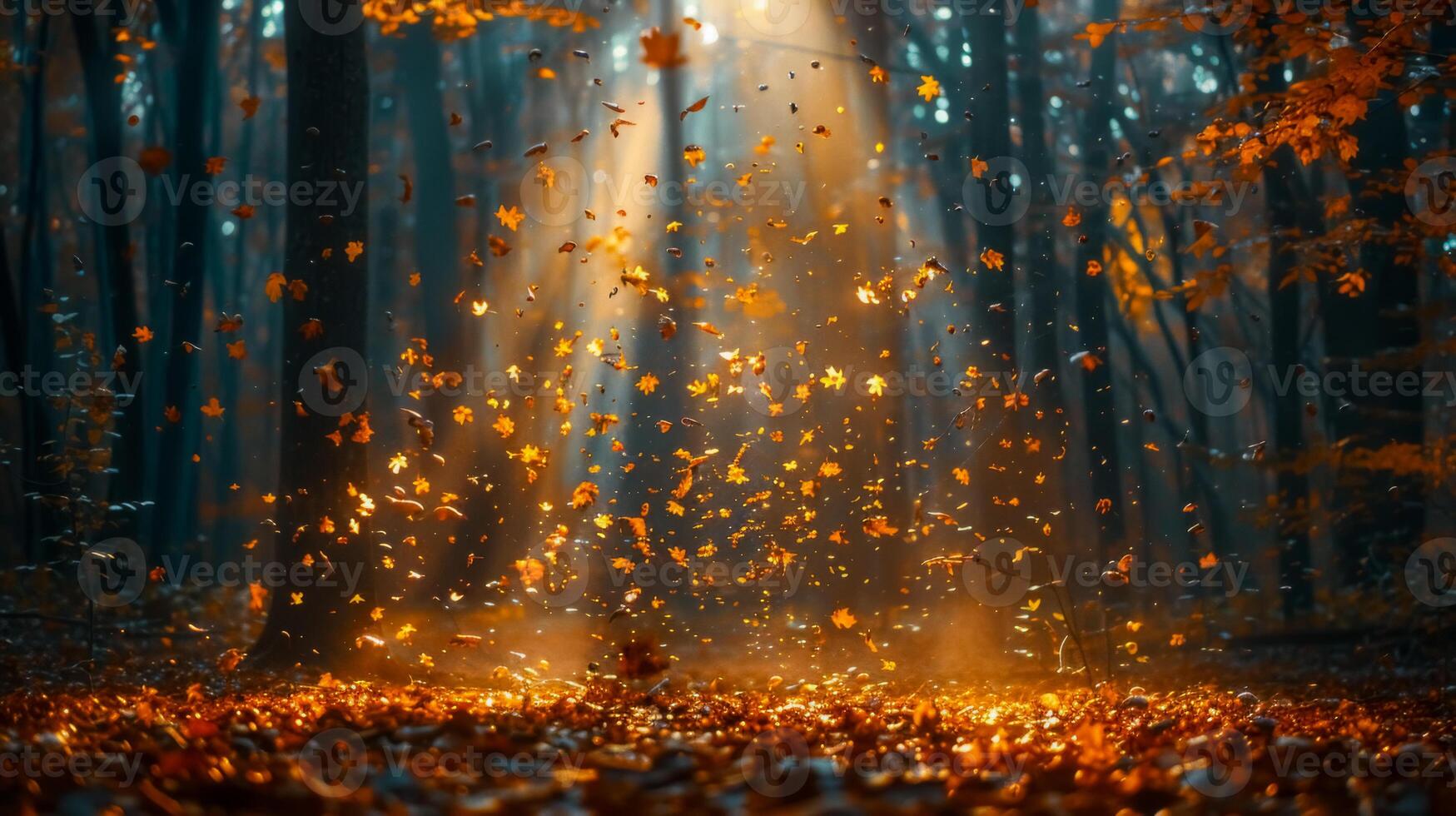 Golden Autumn Forest with Falling Leaves photo