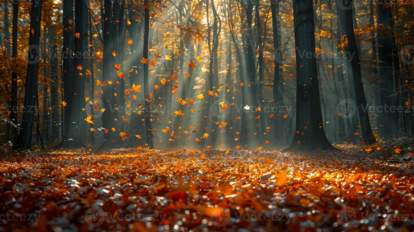 Golden Autumn Forest with Falling Leaves photo