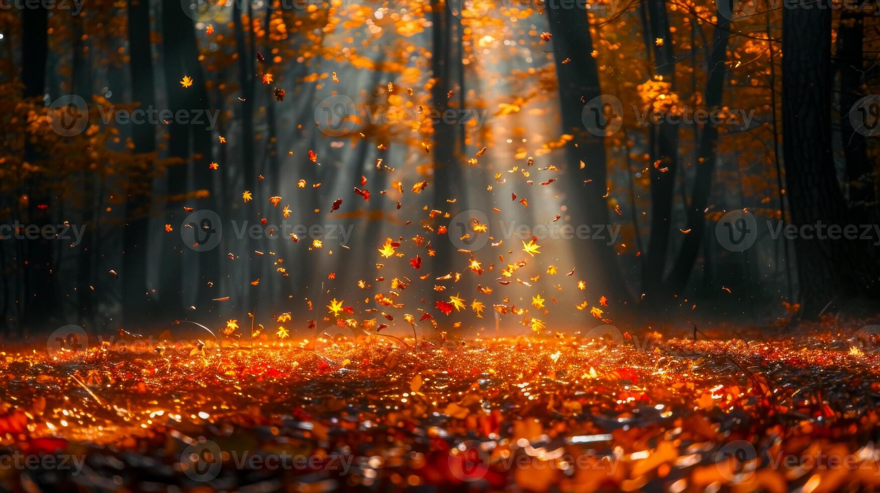 Golden Autumn Forest with Falling Leaves photo