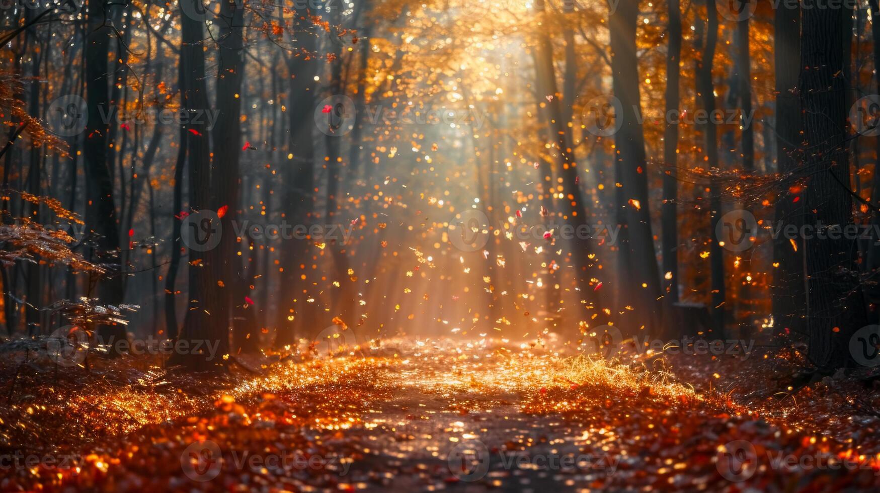 Golden Autumn Forest with Falling Leaves photo