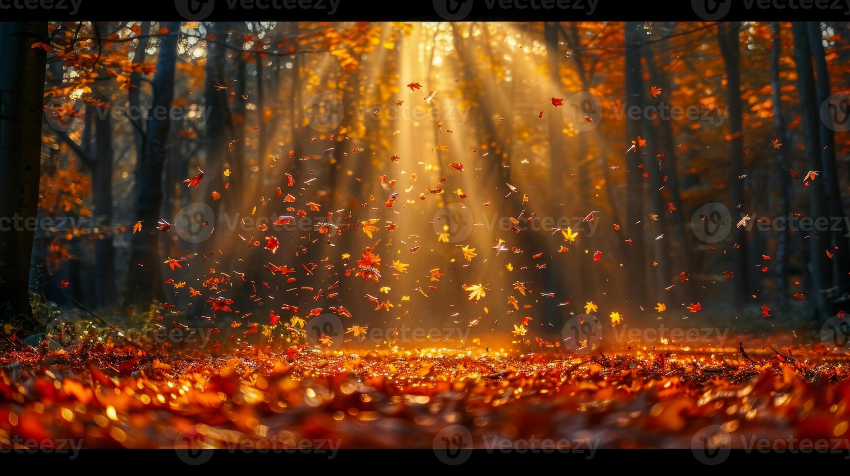 Golden Autumn Forest with Falling Leaves photo