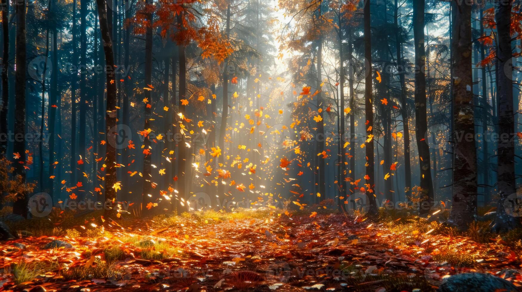 Golden Autumn Forest with Falling Leaves photo