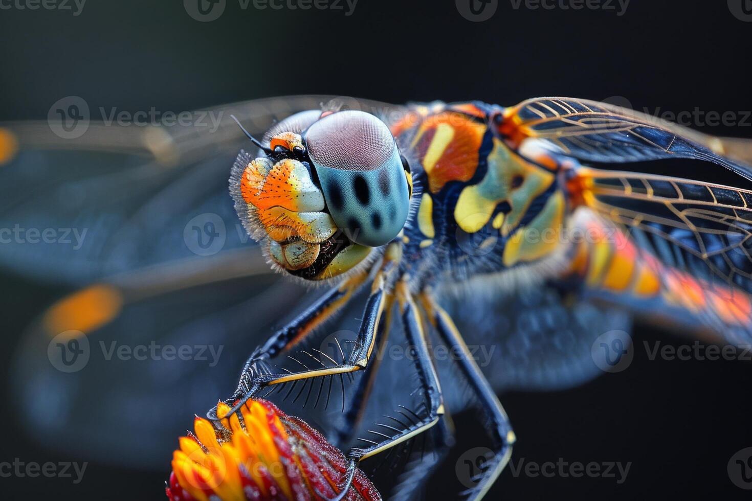Close-up of a Vibrant Dragonfly on a Flower photo