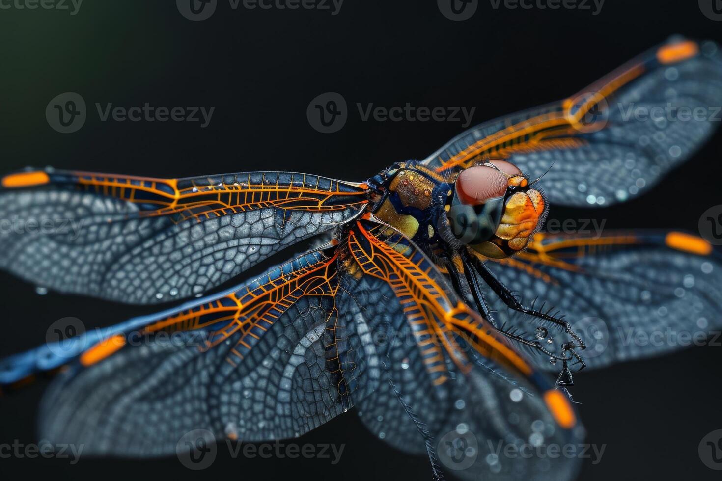 Close-Up of a Dragonfly with Dewy Wings photo