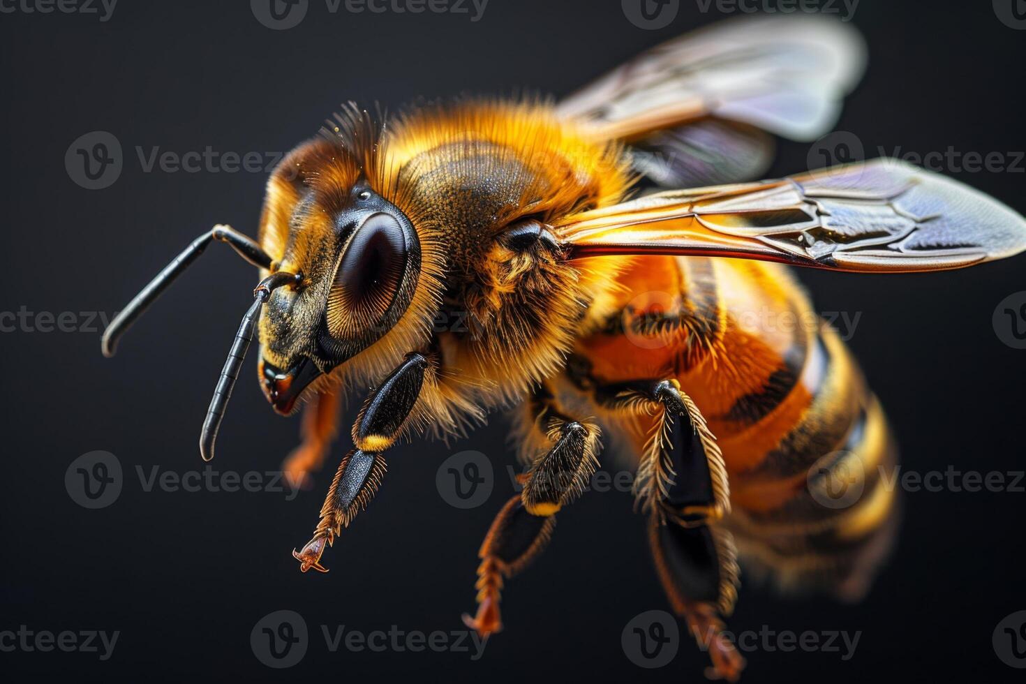 Close-Up Portrait of a Honey Bee in Flight photo