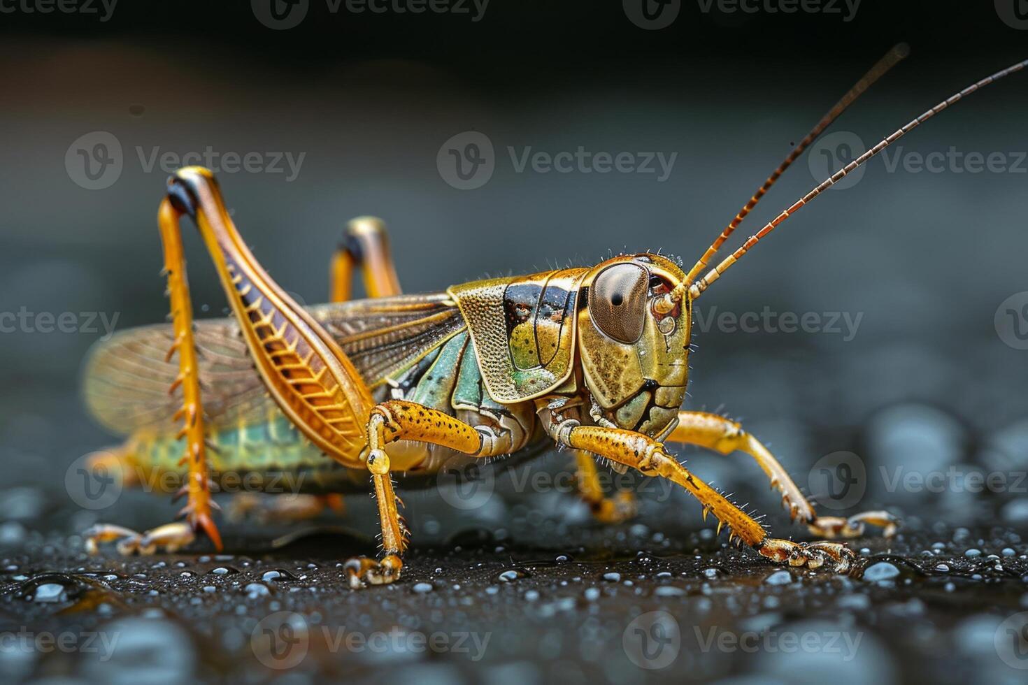 A Close-Up of a Grasshopper on a Wet Surface photo