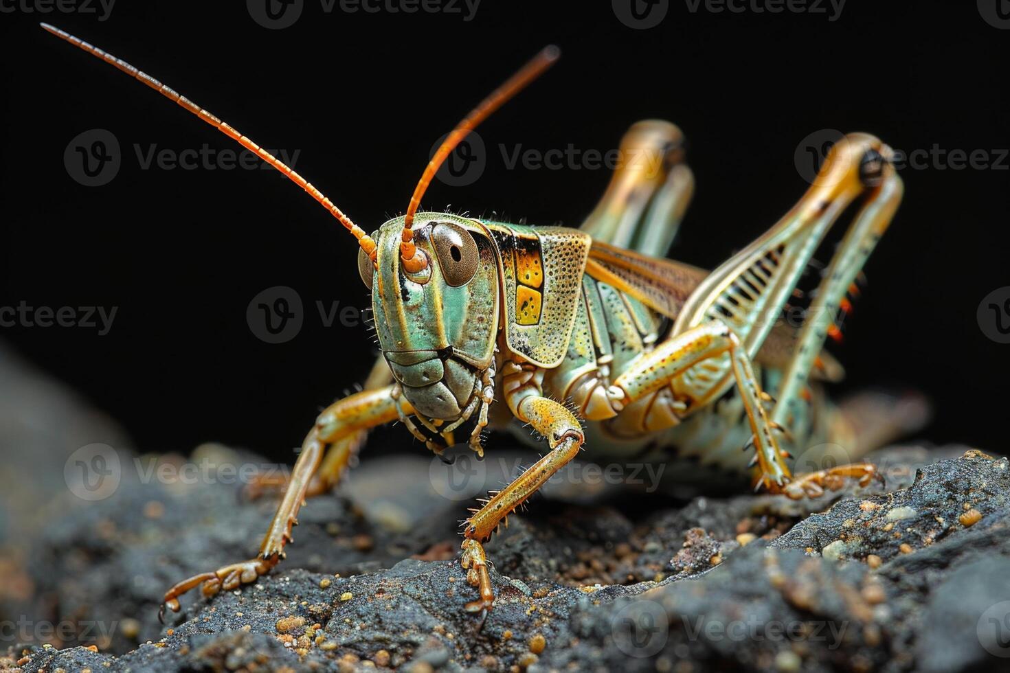 Close-up Portrait of a Green and Orange Grasshopper photo
