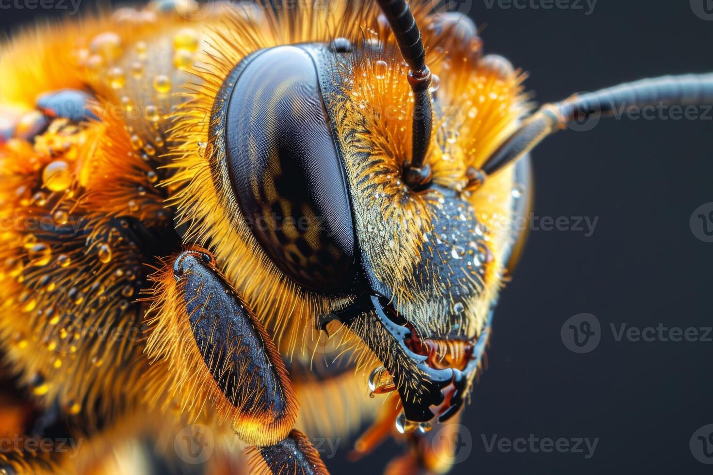 Close-up of a Bee with Dew Drops photo