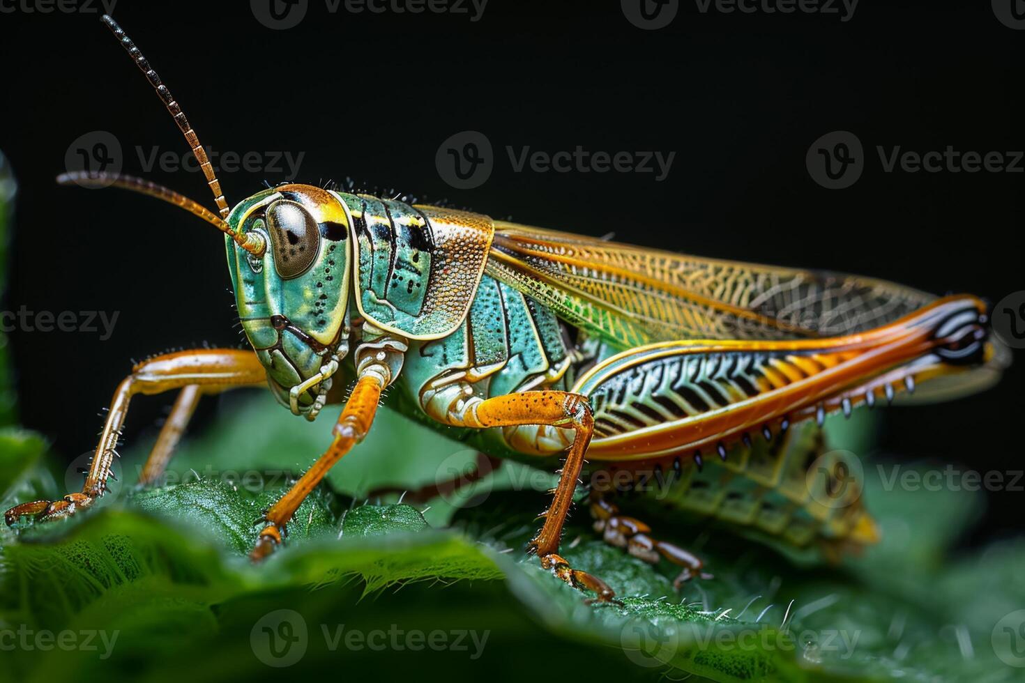 Vibrant Green and Orange Grasshopper on a Leaf photo