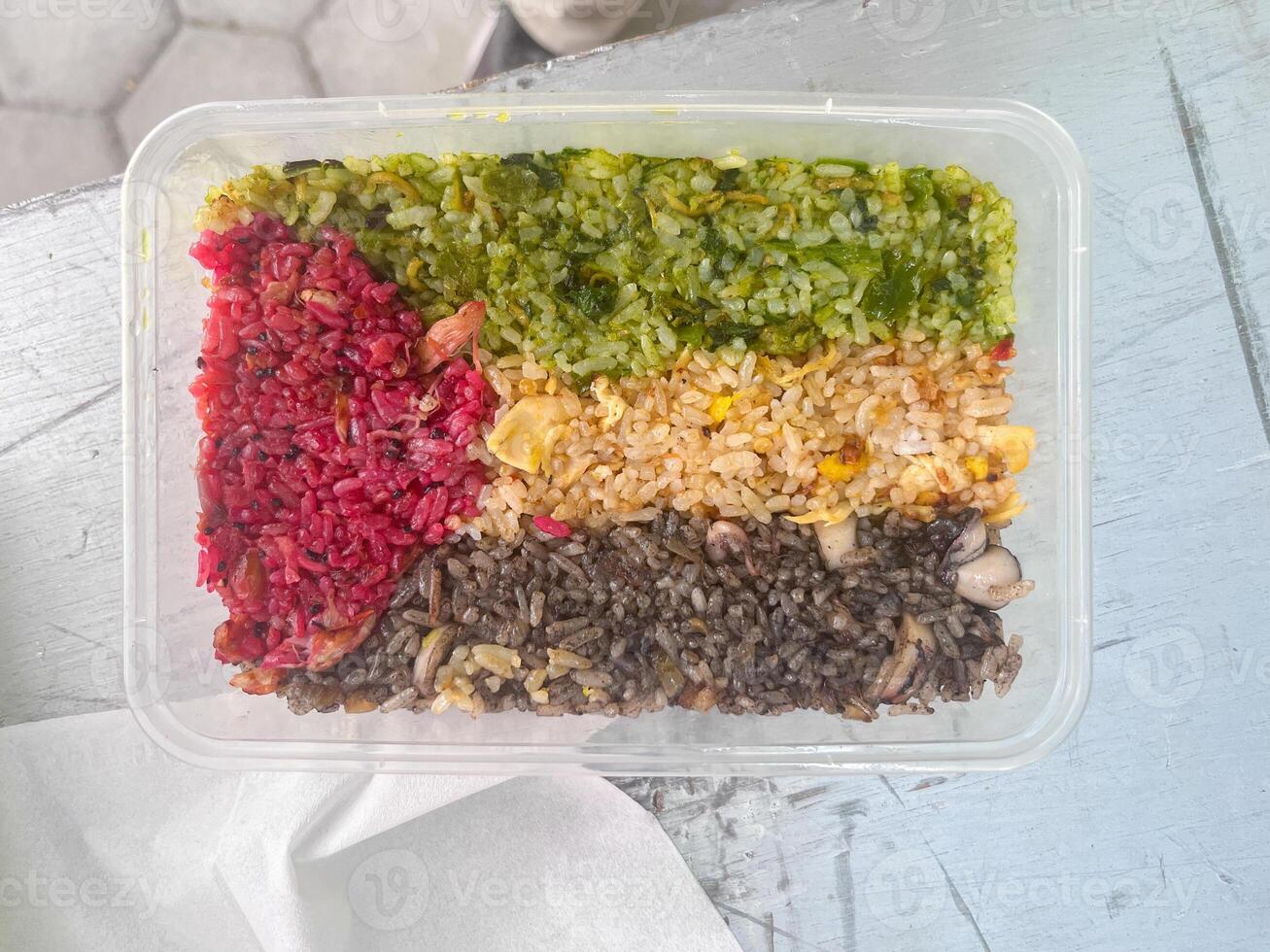 lunch box three color fried rice, spicy red fried rice, black fried rice with squid seasoning, green chili fried rice, roasted fried rice, palestine flag photo