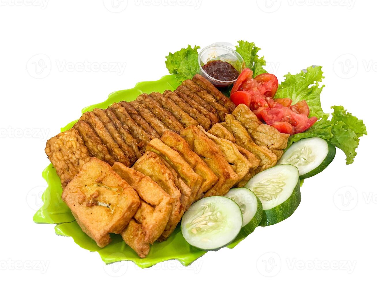 Tempe and Tahu Bacem, Indonesian Style Spice Seasoning with Sweet and Savory Taste from Java. Tempeh and Tofu Cooked with Various Spices and Palm Sugar isolated white background photo