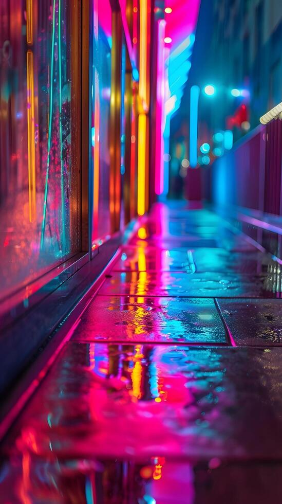 Raindrops on the wet street in the city at night. Shallow depth of field photo