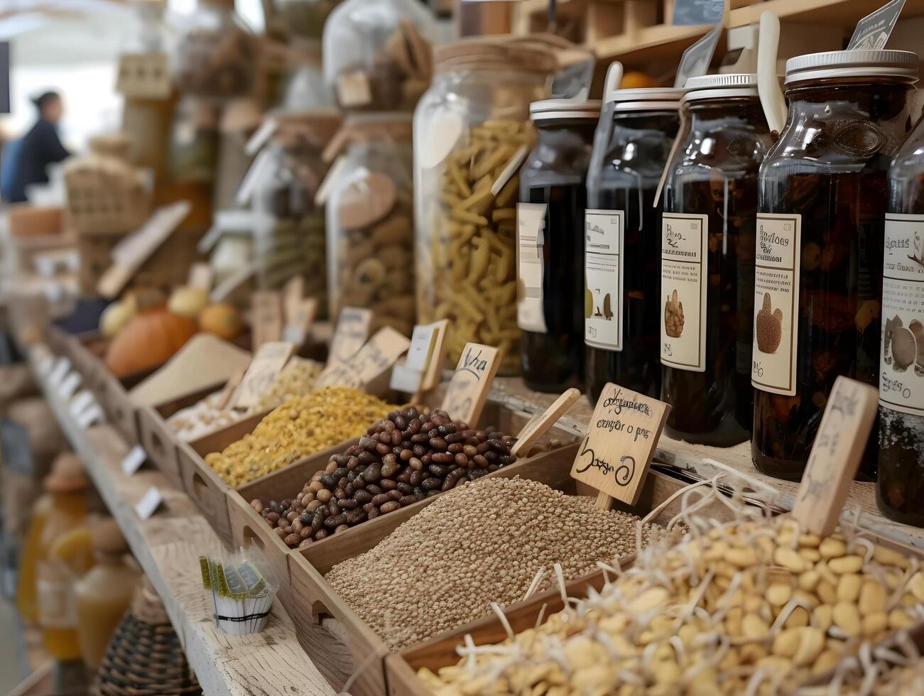 Assortment of spices and herbs in a spice shop in the market photo